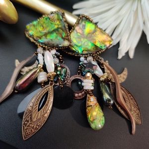 Vintage artisan art glass paua earrings clipback